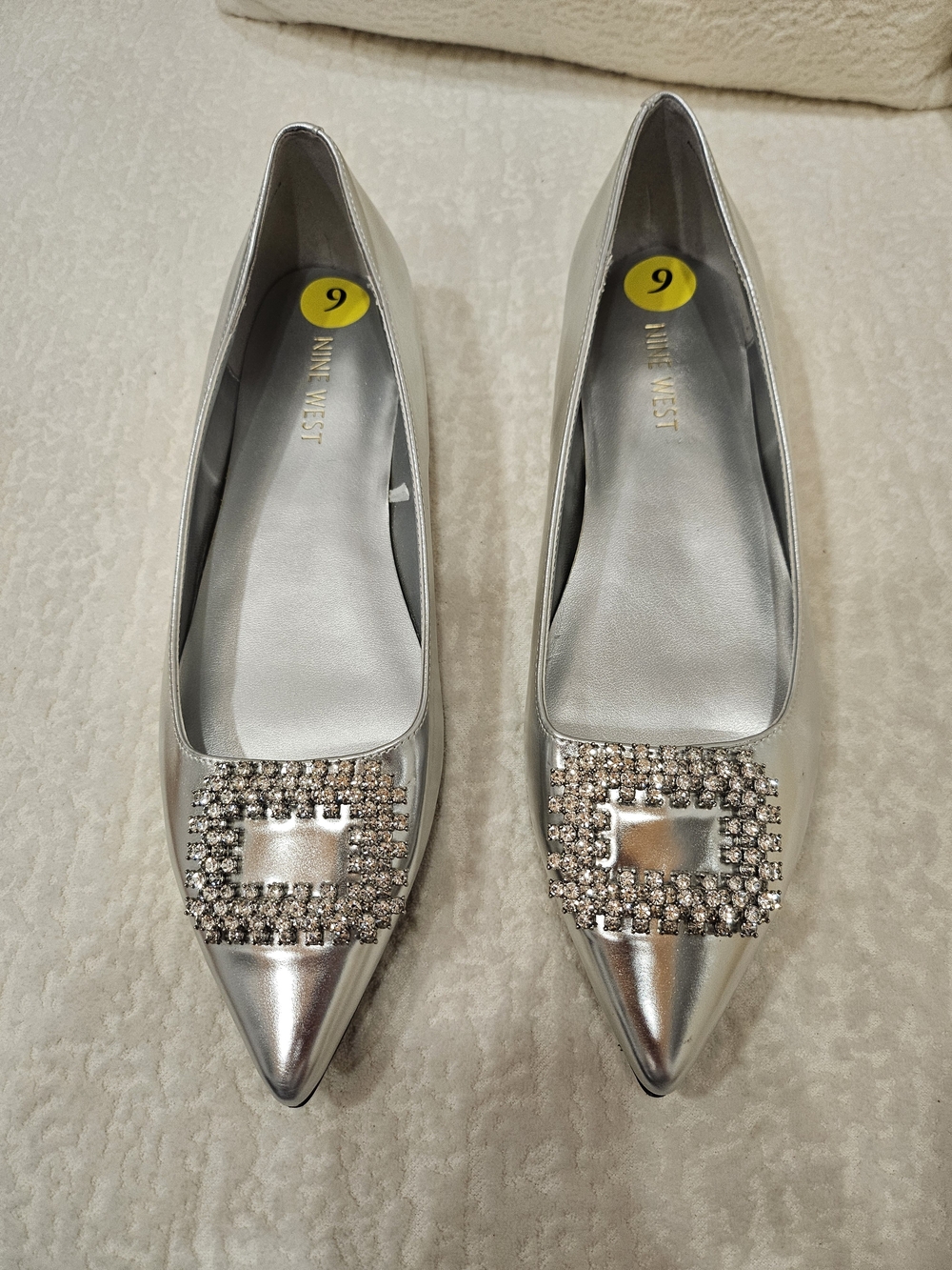 Nine West Silver Pointed Toe Flats with Crystal Buckle